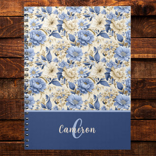 Caderno Espiral Monograma de Rosas Peônias Florais Azul País Franc