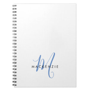 Caderno Espiral Monograma de Script Azul Branco Moderno Elegante