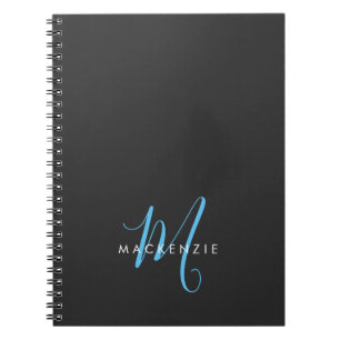 Caderno Espiral Monograma de Script Azul do Céu Azul Moderno Elega