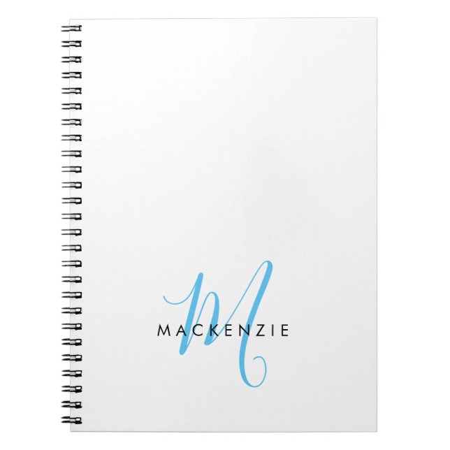 Caderno Espiral Monograma de Script Azul do Céu Branco Moderno Ele (Frente)