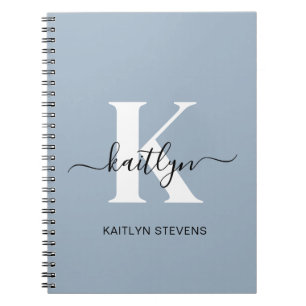 Caderno Espiral Monograma de Script Azul Elegante Dusty