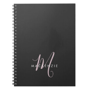 Caderno Espiral Monograma de Script Cor-de-rosa Blush Preto Modern