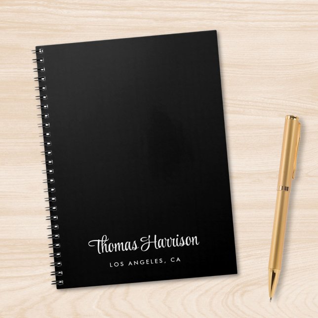 Caderno Espiral Monograma de Script de Assinatura na moda preto (Empower your name in our signature script as your logo and brand identity)
