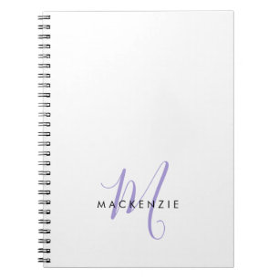 Caderno Espiral Monograma de Script de Lavanda Branca Moderno Eleg