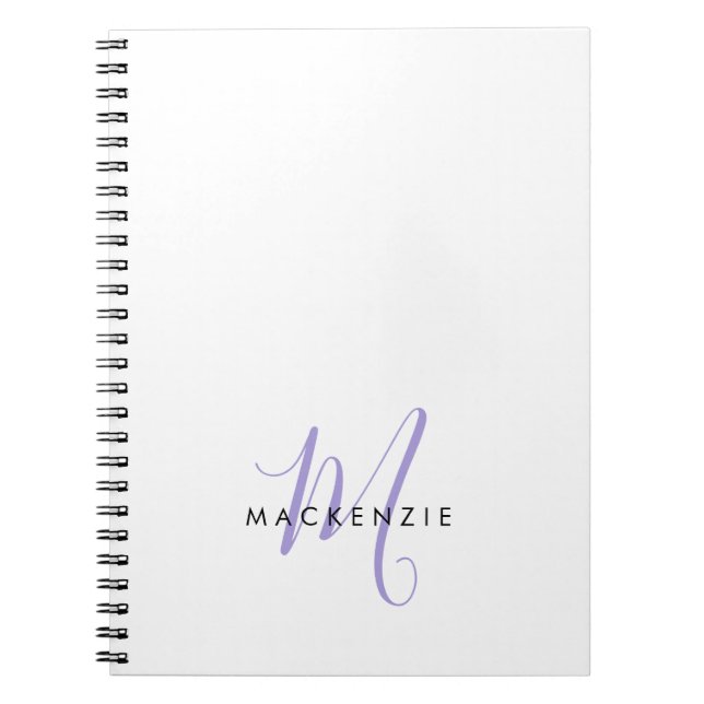 Caderno Espiral Monograma de Script de Lavanda Branca Moderno Eleg (Frente)