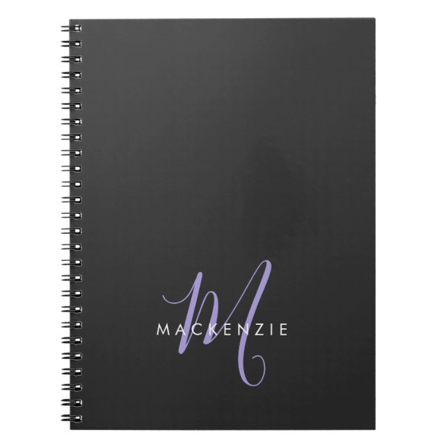 Caderno Espiral Monograma de Script de Lavanda Negra Moderno Elega (Frente)
