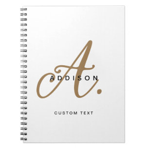 Caderno Espiral Monograma de Script Dourado Branco Elegante Preto