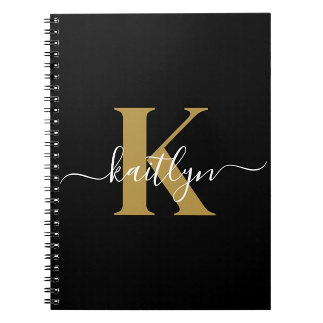 Caderno Espiral Monograma de Script Dourado Preto Elegante (Frente)