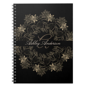 Caderno Espiral Monograma de Script Floral Dourado e Preto Chic El