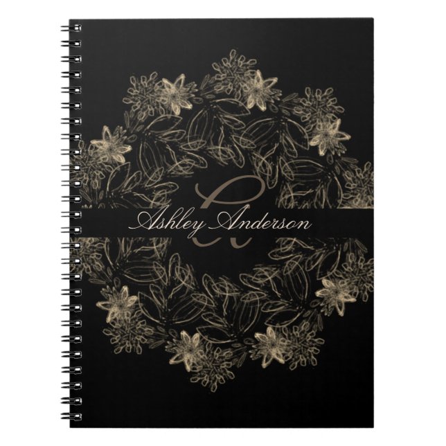 Caderno Espiral Monograma de Script Floral Dourado e Preto Chic El (Frente)