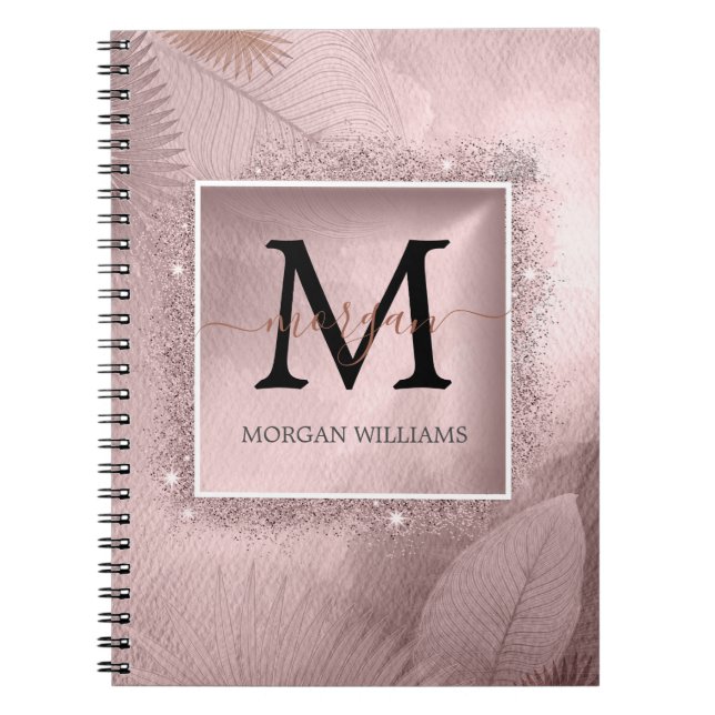 Caderno Espiral Monograma de Script Glitter Dourado rosa (Frente)