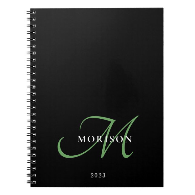 Caderno Espiral Monograma de Script Verde Preto Moderno Elegante (Frente)