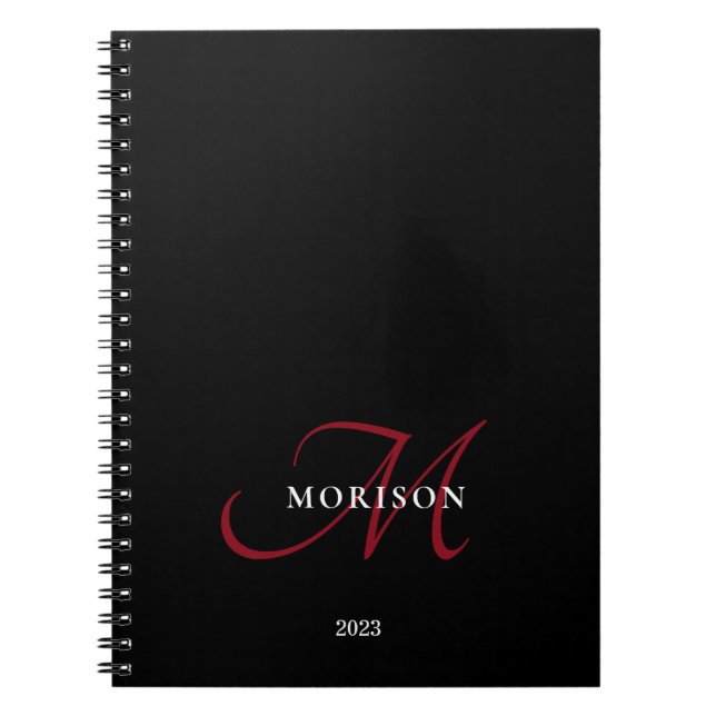 Caderno Espiral Monograma de Script Vermelho Preto Moderno Elegant (Frente)