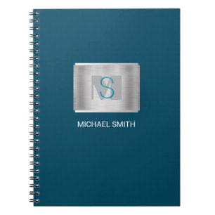 Caderno Espiral Monograma de Teal e Cinza, Nome Branco, Azul Escur