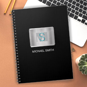 Caderno Espiral Monograma de Teal e Cinza, Nome Branco, Prata, Pre