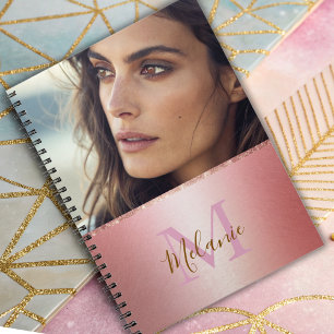 Caderno Espiral Monograma de vidro de metal rosa com brilho brilha