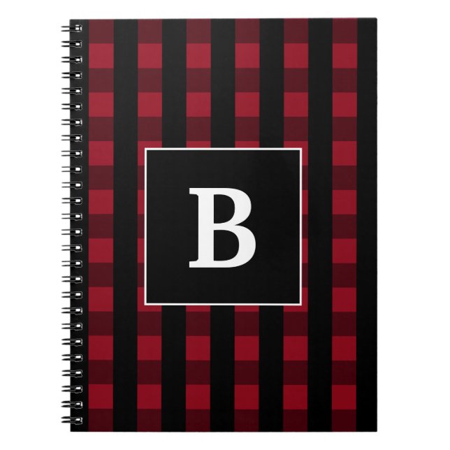 Caderno Espiral Monograma de Xadrez de Buffalo Vermelho e Negro Mo (Frente)