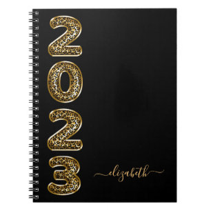 Caderno Espiral Monograma do animal-leopardo-de-ouro preto 2023