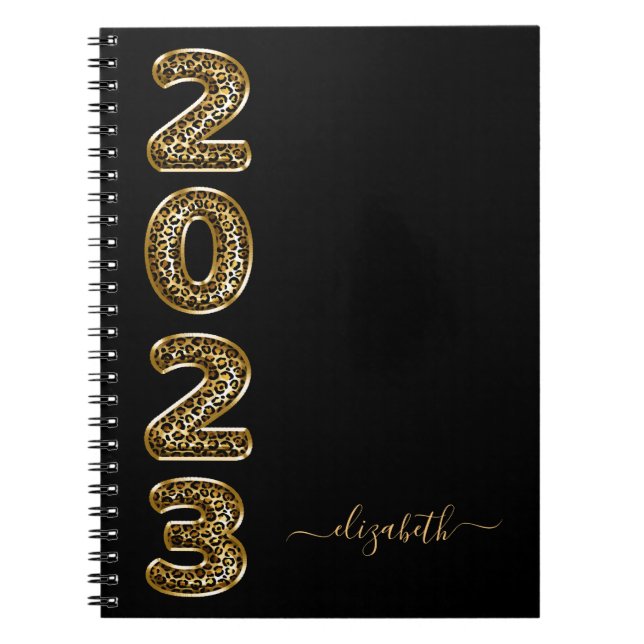 Caderno Espiral Monograma do animal-leopardo-de-ouro preto 2023 (Frente)