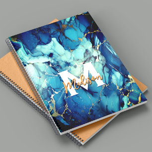 Caderno Espiral monograma do glitograma de dourado azul-mármore ch