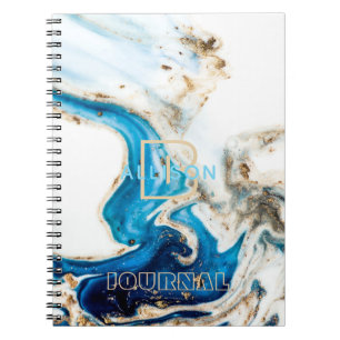 Caderno Espiral Monograma do mármore Dourado branco abstrato azul