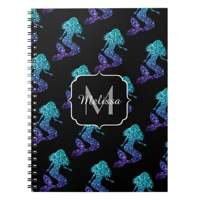 Caderno Espiral Monograma do Mermaid aqua blue ombre Sparkles (Frente)