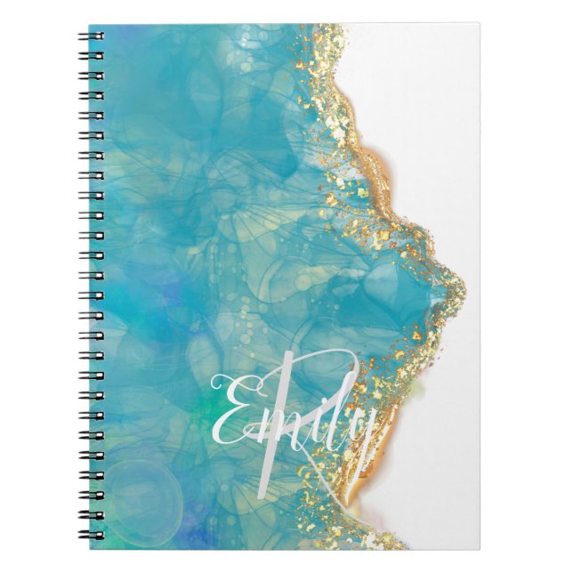 Caderno Espiral Monograma do Nome do Abstrato de Marble do Teal &  (Frente)