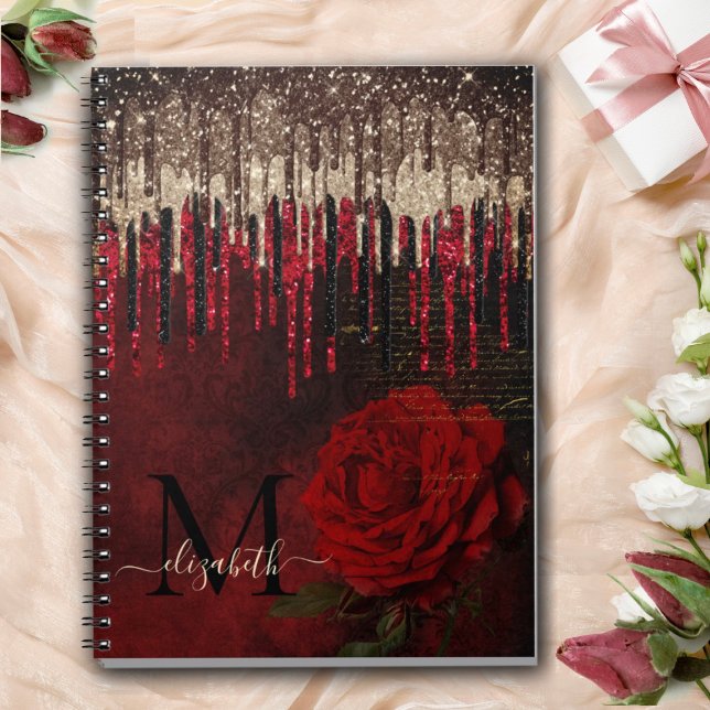 Caderno Espiral Monograma do ouro de flores vermelhas quic (Criador carregado)