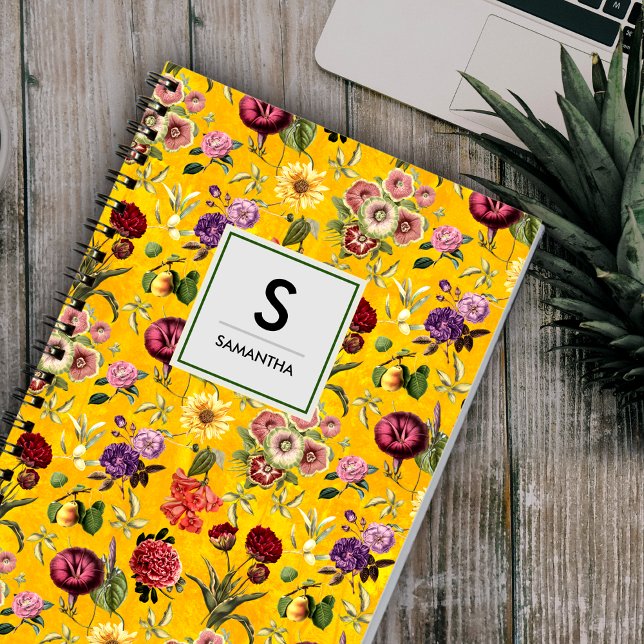 Caderno Espiral Monograma do padrão floral amarelo Elegante (Criador carregado)