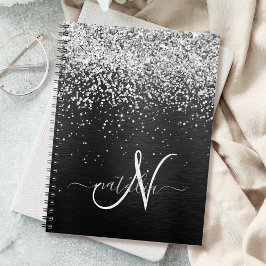 Caderno Espiral Monograma do Sparkle Preto com Glitter de Prata Pe