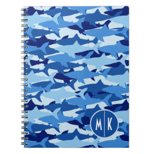 Caderno Espiral Monograma do teste padrão do tubarão azul
