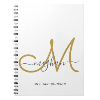 Caderno Espiral Monograma Dourado Branco Elegante Moderno 