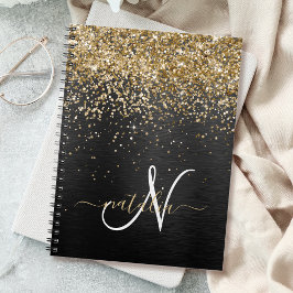 Caderno Espiral Monograma Dourado de brilho preto com brilho perso