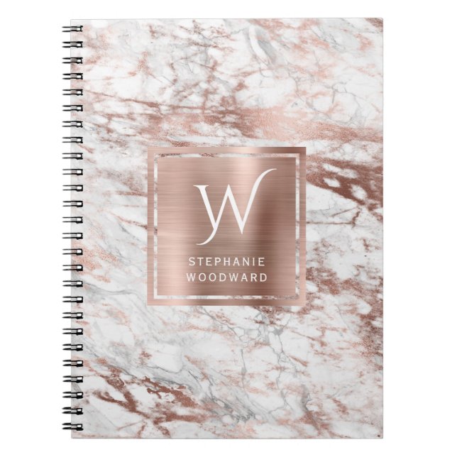 Caderno Espiral Monograma Dourado de Mármore Rosa Branca Elegante (Frente)
