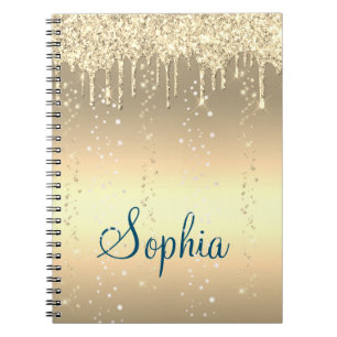Caderno Espiral Monograma Dourado Disjuntor Glitter Metálico
