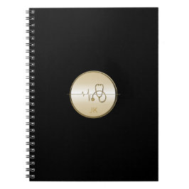 Caderno Espiral Monograma Dourado Estetoscópio Médico Preto