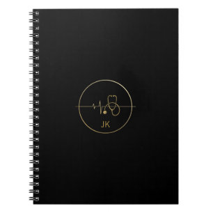 Caderno Espiral Monograma Dourado Estetoscópio Médico Preto