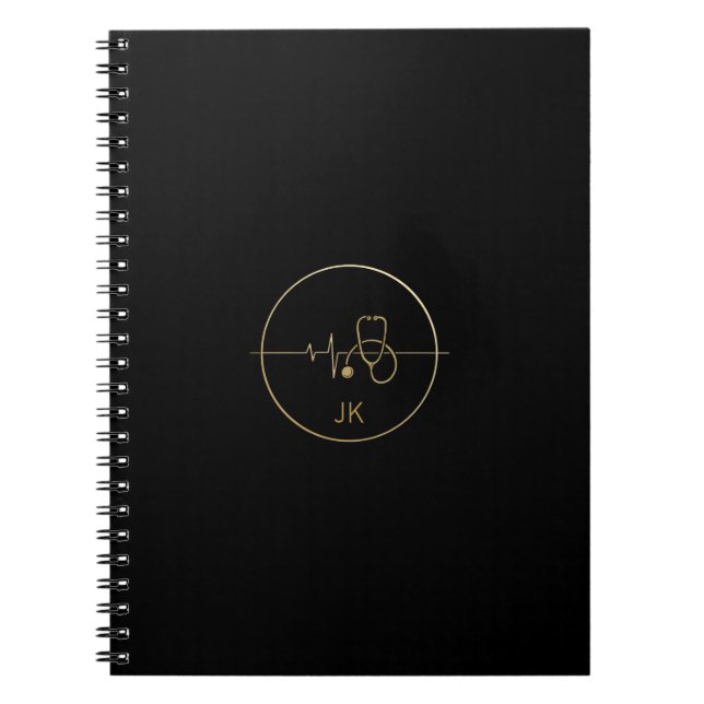 Caderno Espiral Monograma Dourado Estetoscópio Médico Preto (Frente)