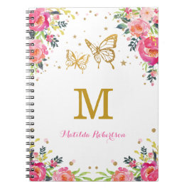 Caderno Espiral Monograma Dourado floral da borboleta da aguarela