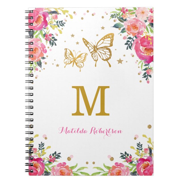 Caderno Espiral Monograma Dourado floral da borboleta da aguarela (Frente)