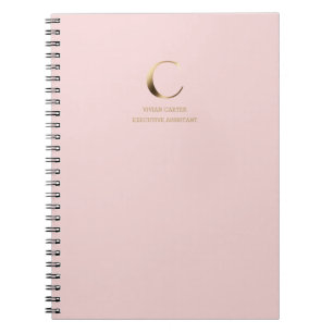 Caderno Espiral Monograma Dourado minimalista   Cor de Rosa