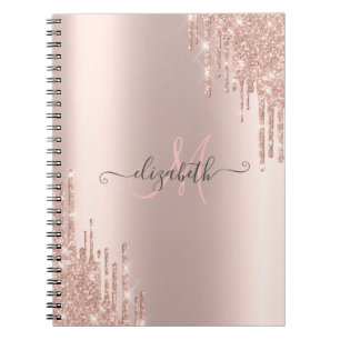 Caderno Espiral Monograma Dourado Rosa com Efeito de Gotas Brilhan