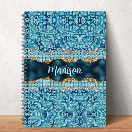 Caderno Espiral Monograma dourado turquesa azul chic floral brilha