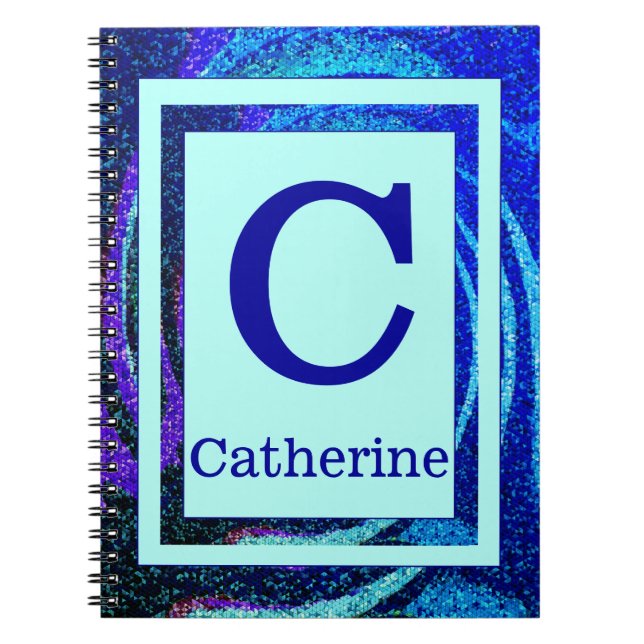 Caderno Espiral Monograma e nome azuis do quadro do mosaico do (Frente)