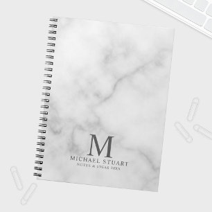 Caderno Espiral Monograma e nome personalizados de mármore branco