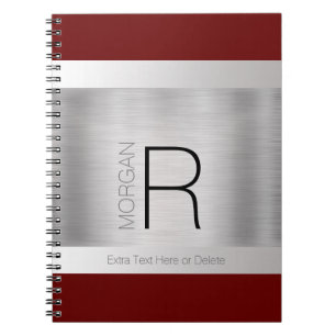 Caderno Espiral Monograma e Nome Preto Cinza Vermelho Escuro Prata