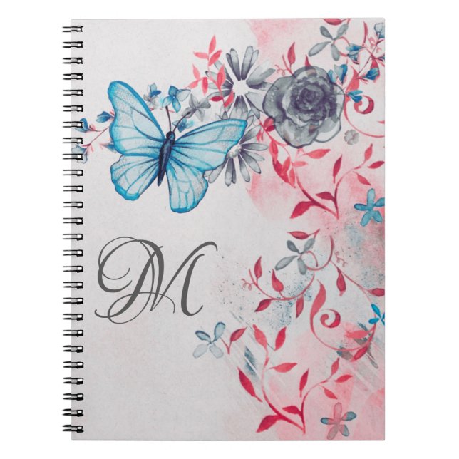 Caderno Espiral Monograma Elegante Azul Butterflie Floral (Frente)