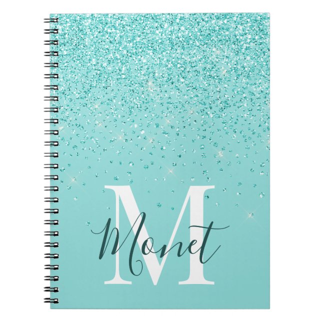 Caderno Espiral Monograma Elegante com Brilho em Azul Turquesa (Frente)