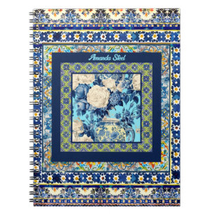 Caderno Espiral Monograma elegante de chinoiserie azulejo azul flo