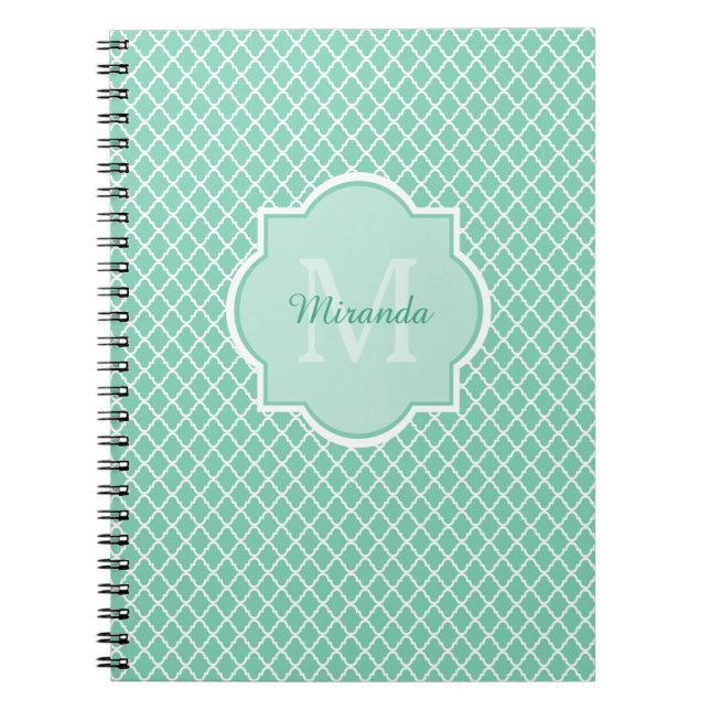 Caderno Espiral Monograma elegante de Quatrefoil do verde da (Frente)